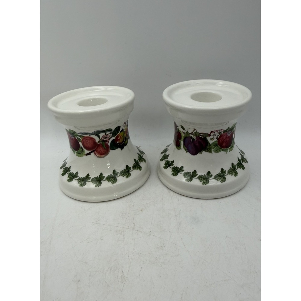 Pair Vintage Portmeirion Pomona Ceramic Candle Holders 3" Taper Fruit Ivy Set